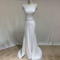 Wholesale scoop neck backless beaded belt satin mermaid wedding dress cheap white wedding gowns for bridal