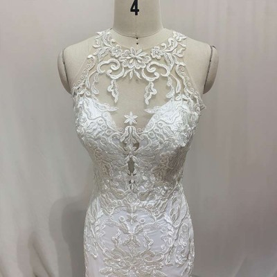 Royal style scoop neck sleeveless embroidery long white bridal dresses mermaid wedding gowns