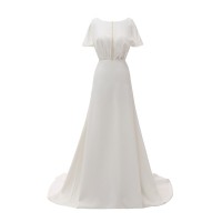 100% Real Photos A-Line Satin Simple Bateau Short sleeve Sheath  Column Bridal Wedding Gown with Pearl Beaded