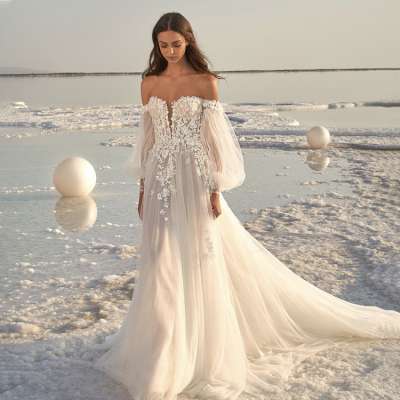 Elegant design tulle off-the-shoulder long sleeve sweep train applique white wedding dress