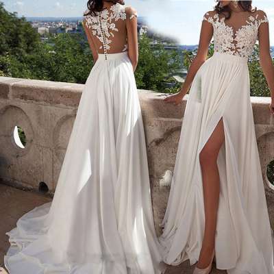 2020 new arrivals embroidery flower split slit white evening dresses sexy wedding dress